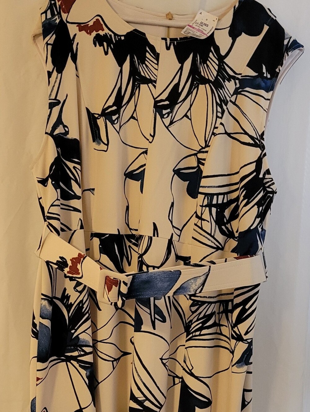 Calvin Klein Sleeveless Black & Cream Floral Belted Dress
